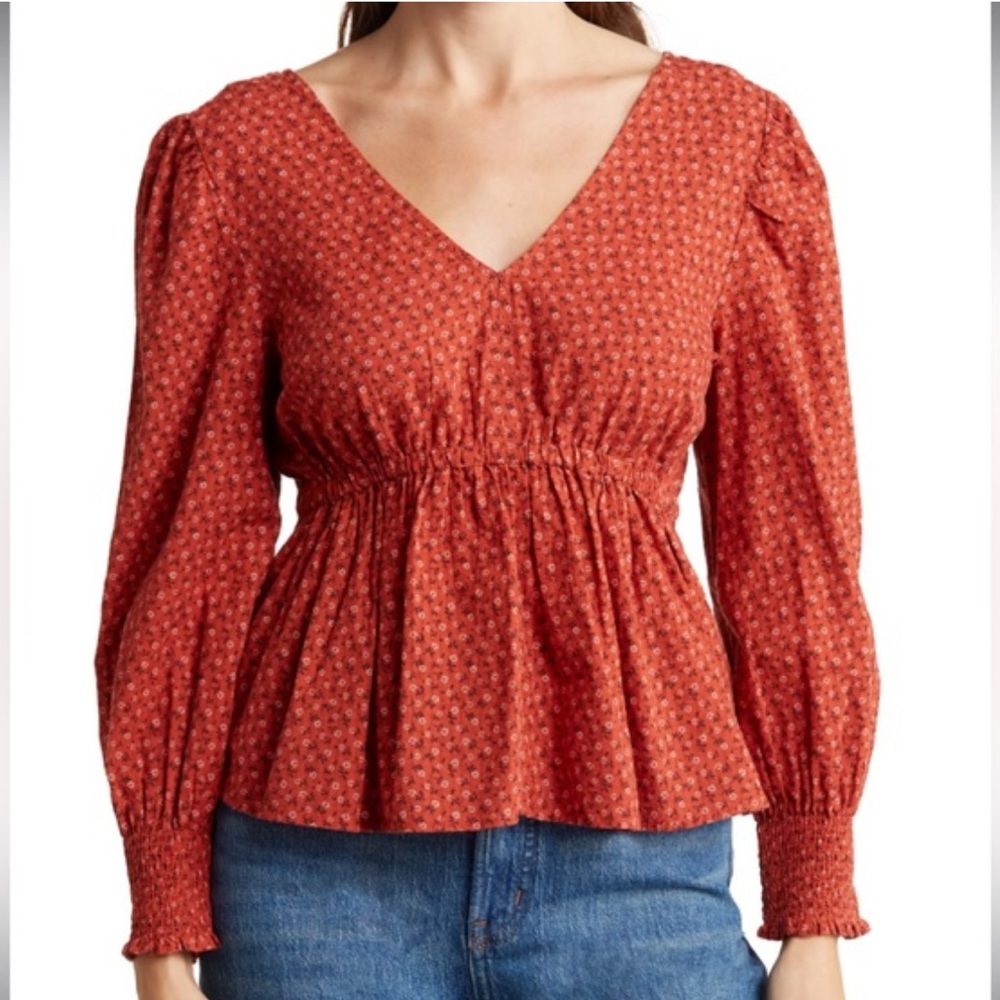 Madewell Camden Daisies Tie Back Cotton Peplum Top in Burn Orange, Size L, NWT